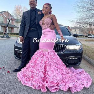 Black Girls Pink Prom Dresses 2022 Aso Ebi Elegant Long Sleeve Mermaid Evening Gowns With Flowers Pearls Lace Engagement Wear Special Occasion Robes De Soirée