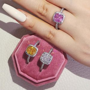 Cluster Rings Fashion Crystal Stone For Women Silver Color Square Blue Pink Zircon Wedding Engagement Ring Boho Jewelry RingCluster