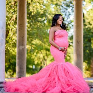 2022 Różowy Syrenka Prom Dresses na Baby Shower Suknie Wieczorowe Koronki Bez Ramiąnka Maternity Photo Shoot Sukienka