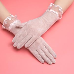 Five Fingers Gloves Summer Lace Sunscreen Touch Screen Pink UV Protection Women Driving Slip-resistant Female Anti Sun Flowers GlovesFive Fi