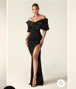 Podzielone czarne formalne sukienki wieczorowe sławne sukienki na imprezę na balu satynowe wysokie rozcięcie z ramion szata de soiree długość podłogi