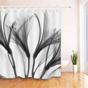 抽象ブラックXrayブロッサム透明な花自然ホワイトシャワーカーテンアート浴槽の装飾用防水バスルーム生地210402