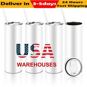 US STOCK 20oz Sublimation Tumblers Straight Tumbler With Straws lids And Coaster Stainless Steel Portable Outdoor Mugs Car Cups sxjun6