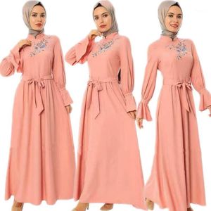 Ethnic Clothing Muslim Women Embroidery Long Dress Islamic Middle East Dubai Turkish Arabic Abaya Flare Sleeve Maxi Robe With Belt