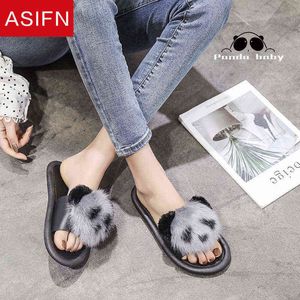 Asifn Women Fur Slidesかわいいパンダスリッパファッションアウトドアウェアフラットボトムインドアホームかわいいファッションインスタイルサンダル女性G220730