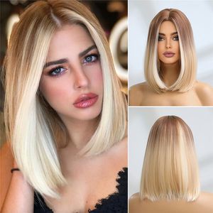 Daily Short hair Wigs with No Bangs Straight Synthetic color Gradient natural human hair Design