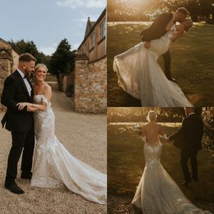 Berta 2022 Abiti da sposa a sirena in pizzo con spalle scoperte Abito da sposa floreale senza schienale con applicazioni 3D Abiti da sposa taglie forti Vestido de novia