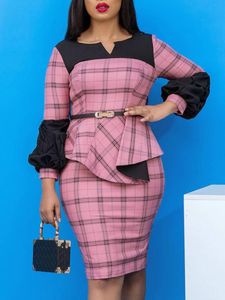 Abiti casual Donna Pink Plaid Office Ladies Patchwork Peplo Maniche lunghe Aderente Classe femminile Moda africana Abiti modesti