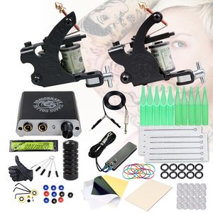 Nybörjare Komplett tatueringssats 2 Maskiner Gun Set Power Supply Grips Body Art Tools Permanent Makeup Set 220617