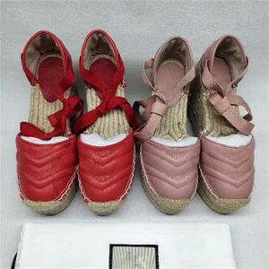 Espadrille Shoesdesigner Kadınlar Kama Platformu Sandalet Gerçek Deri Ayak Bileği Dantel-up Matelassé Espadrille Bayanlar Yüksek Topuk 12 cm Kutusu
