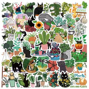 50pcs Spring Gatos e plantas fofas adesivos impermeabilizados de água decorativa de copo de copo de caixa de bagagem de bagagem para laptop para ipad para infantil decalque de presente de brinquedo