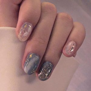 Wholesale rounded nail designs for sale - Group buy False Nails Gray Blue Marble Pattern Short Round Head Press On With Designs For Grils Acrylic Artificial Nail TipsFalseFalse