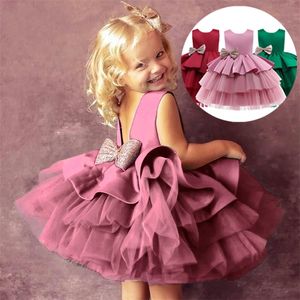 Dziewczyny Sukienki Dzieci Letnie Bez Rękawów Ślub I Urodziny Party Cekiny Łuk Cake Vestidos Dzieci Koronki Smash Tutu Princess Dress 220426