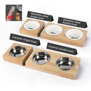 Pet Dog Bowl Cat Bowls Rostfritt stål Keramiskt matning Drickskombination Bambu Frame Ciotol Accessories Gifts Y200917
