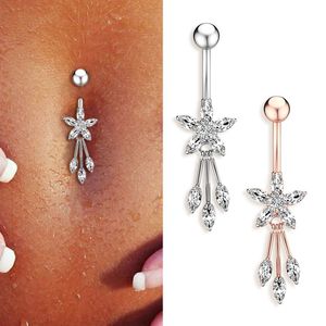 Surgical Steel Crystal Zircon Flower Branch Dangle Button Navel Piercing Ring Belly Ring Body Jewelry