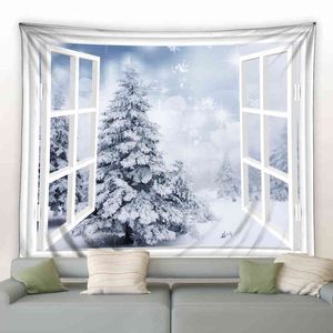 Tapisserie Winter Pine Forest Landscape Wall Carpet White Snowflake Christmas Tre