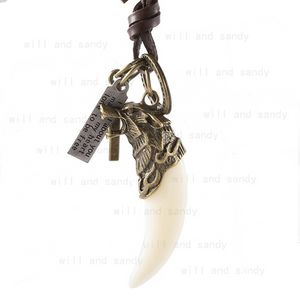 Animal Wolf Letter ID Cross charm tooth Necklace pendant Adjustable Leather Chain Necklaces for women men Fashion jewelry will and sandy