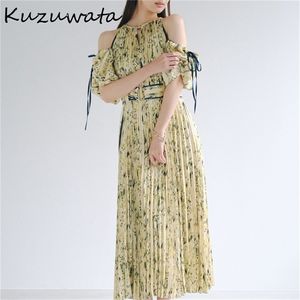 Kuzuwata اليابانية على الطراز الياباني اثنان من النساء Vestidos الربيع من الكتف الرباط الرباط النحيف المطبوعة فستان مطوي D220615