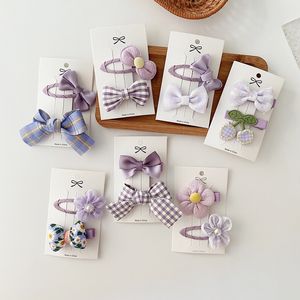 2 Stücke Lila Serie Mode Kinder BB Clip Haarschmuck Süßes Mädchen Prinzessin Plaid Stoff Schleife Blume Haarnadeln Kopfbedeckung