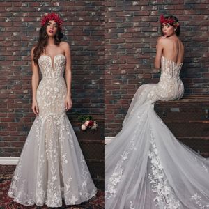 Vintage Mermaid Wedding Dresses Lace Applique Bridal Gowns Illusion Corset Top Boho Robe De Soirée Backless