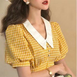 QWEEK Cottagecore Crop Top Yellow Blouses Summer Kawaii Puff Sleeve Plaid Shirt Women Checkered Korean Style Fashion Retro 220521