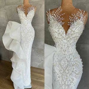 Vestidos de noiva de sereia de pérolas luxuosas de cristais de renda de renda Jewel pesco