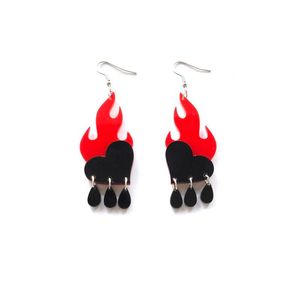 Bengelen kroonluchter trendy rode vlam met zwart hart en waterdrops laser gesneden acryl oorbellen voor vrouwen mode sieraden cadeau