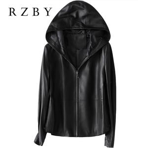 RZBY Women 100% Real Sheepskin Coat Hooded jacket spring fashion Genuine Leather Jackets Chaqueta Mujer Top Quality 210923
