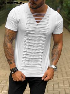 Herrar tshirts t shirt tassel v hals kort ärm fitness fast färg casual kläder streetwear sommar mode camisetas incerun 230206