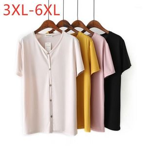 Damska koszulka 2022 Lata Lato Plus Size Topy Dla Kobiet Duży Krótki Rękaw Loose Button Beige Yellow Knit V-Neck 3XL 4XL 5XL 6XL