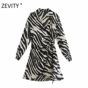 ZEVITY women vintage animal texture print sashes mini dress female batwing sleeve kimono vestido chic casual slim dresses DS4266 210401