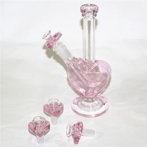 Rosa Kärlek Hjärtform Glasskål vattenpipa Bong Vattenpipa 14mm hane Bubbler Heady Oil Dab Rigs Fågelbur Percolator shisha rökning