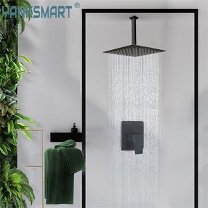 YANKSMART Mattschwarzer Badezimmer-Duschkopf mit Arm-Wasserhahn-Set, quadratische Regenwasserhähne, Mischbatterie, Wasserhahn 220401