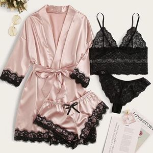 레이스 브래지어 팬티 잠옷 반바지 Loungewear 4Pcs 세트 여자 홈 nightdress 세트 속옷 편안한 부드러운 하루 느슨한 잠옷 피부 친화적 인 섹시한 잠옷