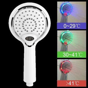 Automatic LED Light Shower Head 3 Color Handheld Bathroom Romantic Lights Portable Water Saving Digital Temperature Display Y200109