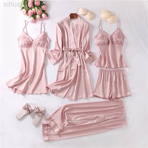 Nattkläder med spets kvinnor pajamas set sexig 5 bit plagg kostym kimono klänning sexig loungewear v-hals badrock underkläder nattkläder l220803