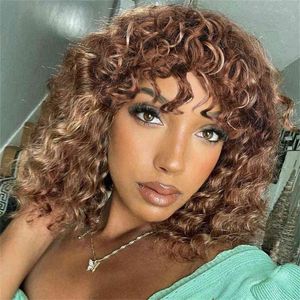 Hair Wigs Curly with Bangs Brazilian Remy Highlight Honey Blonde Human for Black Women Machine Made with 220722