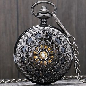 Zegarki kieszonkowe Black Metal Hollow Hand Wind Stega Steampunk Men 30 cm Prezent łańcucha P806C