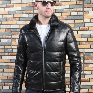 Mens Winter Free Warm äkta läderjacka20% White Duck Down Coatquality Soft Real Leather Clower Mink Collar 201128