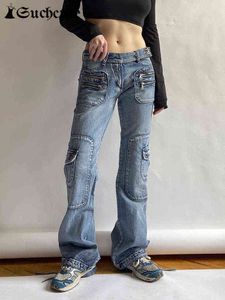 Jeans femminile di talecuto streetwear cargo da donna jeans vintage bassa tasca in tasca in denim harajuku in stile punk largo pantaloni dritti t220825