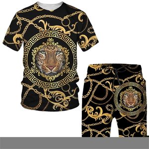 Tute da uomo Summer Golden Lion T-shirt stampate 3D / pantaloncini / completo T-shirt grafica casual da uomo Set due pezzi Tuta manica corta moda hip-hop 220826