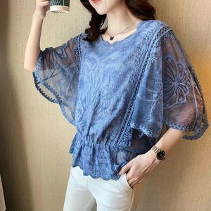 Women's Blouses  Shirts Women Spring Summer Lace Tops Lady Casual Short Flare Sleeve O-Neck Transparent Blusas DD9141