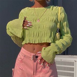 Höst Kvinnors Koreanska Stil Pläterad Rund Neck Långärmad Belly Button All-Match Crop Top Women Y2K Estetic 220408