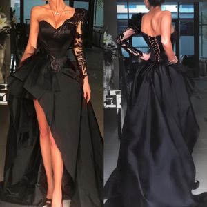High Low Appliqued Prom Dresses One Shoulder Neck Long Sleeves Evening Gowns A Line Sweep Train Taffeta Formal Dress