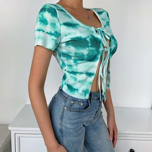 Kvinnors T-shirt 2022 Tie Dye Kvinnor Skörd Top Lace Up Front Short Sleeve Sommar T-shirt Slim Casual Sexy Bandage Elegant Tee