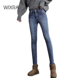 Wixra Basic Women Jeans Pencil Velvet Pants Winter Streetwear Vintage Blue High Weist Femme Long Denim Prouters 220423
