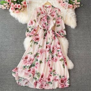 AIBEAUTYER SUMMER CASUAR SHORT PULLOVER DROSE CHIFFON FLORAL PRINT V NECK A LINE HIGH WAIST MID-CALF WOMEN DRESSES 220514