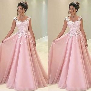 Ny ankomst Pink Chiffon Spaghetti Prom -klänningar Applique Elegant Pageant Formal Prom Dresses Plus Size Party med blommor