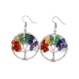 Tree of Life Pendant Earrings Natural Chakra Gemstone Beads Silver Charms Jewelry Quartz Stones Round Reiki Healing Crystal Drop Earring Dangles