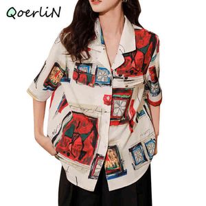 Qoerlin oregelbundet tryckskjorta kvinnor retro barock stil kort ärm blommor skjorta vriddown krage blus plus size elegant topps 210412